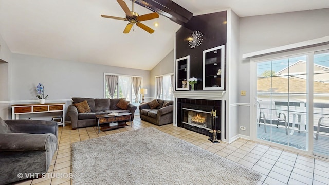 7525 N Overhill Ave, Chicago, IL 60631 - living room with tile patterned floors, ceiling fan, beam ceiling, plenty of natural light, and a tiled fireplace