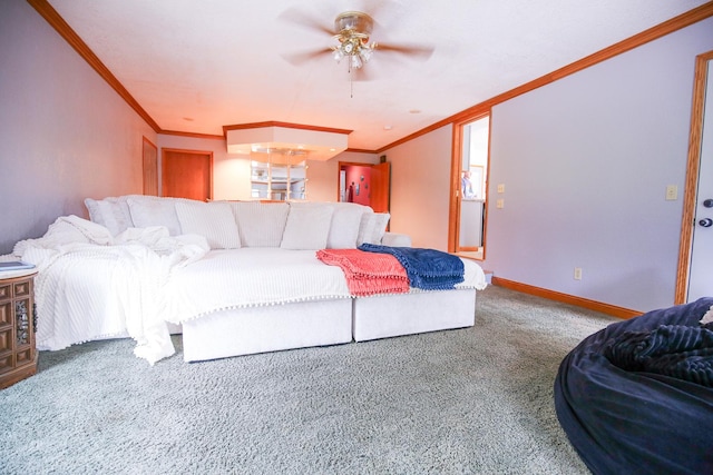 382 Keigwin Rd, Walnut, IL 61376 - living area featuring ornamental molding, carpet flooring, and ceiling fan
