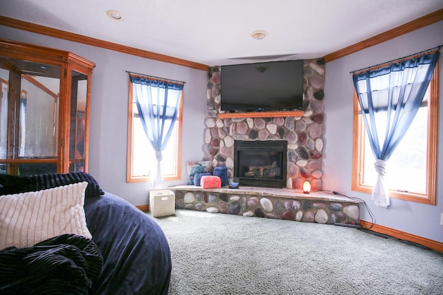 382 Keigwin Rd, Walnut, IL 61376 - living room with crown molding, carpet floors, and a stone fireplace