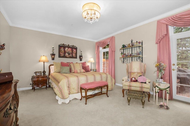 850 Evergreen Way, Highland Park, IL 60035 - bedroom featuring access to outside, carpet flooring, crown molding, and a chandelier