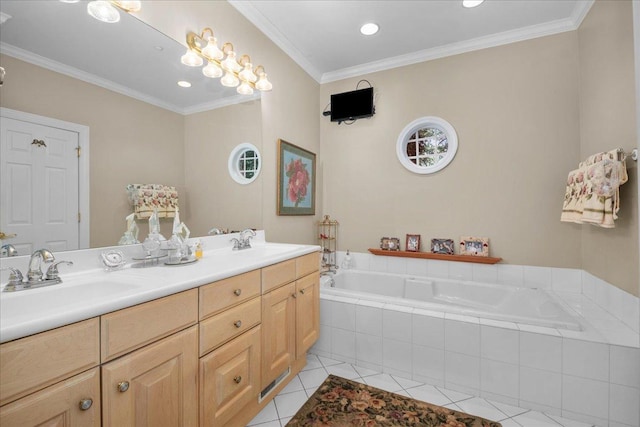 850 Evergreen Way, Highland Park, IL 60035 - full bathroom with tile patterned floors, a bath, double vanity, ornamental molding, and recessed lighting