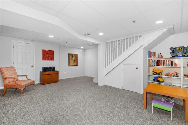 850 Evergreen Way, Highland Park, IL 60035 - living area with a paneled ceiling, stairs, carpet, and recessed lighting