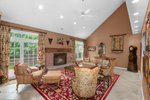 850 Evergreen Way, Highland Park, IL 60035 - living room with high vaulted ceiling, ceiling fan, a brick fireplace, recessed lighting, and light tile patterned floors