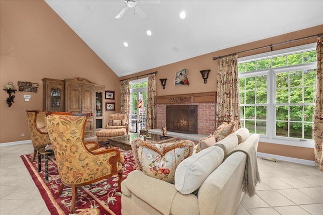 850 Evergreen Way, Highland Park, IL 60035 - living area featuring light tile patterned floors, high vaulted ceiling, a fireplace, ceiling fan, and recessed lighting
