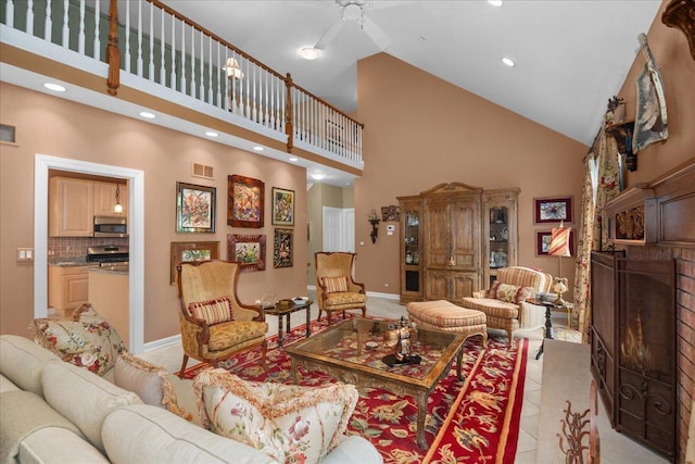 850 Evergreen Way, Highland Park, IL 60035 - living area with high vaulted ceiling, light tile patterned floors, a ceiling fan, a fireplace, and recessed lighting