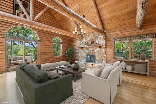 723 N River Rd, Algonquin, IL 60102 - living room with a wood ceiling with exposed beams, high vaulted ceiling, plenty of natural light, a chandelier, and wood finished floors