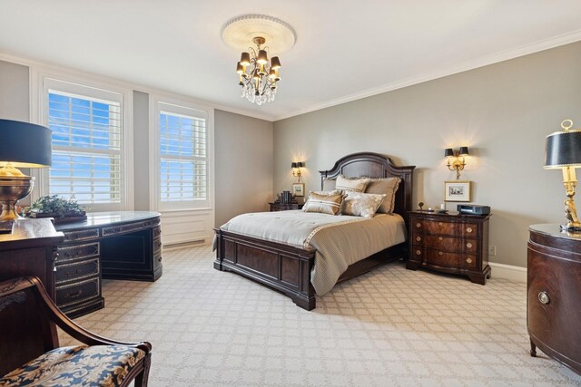 219 E Lake Shore Dr Unit 8C, Chicago, IL 60611 - bedroom featuring a chandelier, carpet, and crown molding