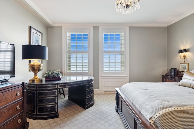 219 E Lake Shore Dr Unit 8C, Chicago, IL 60611 - bedroom featuring a chandelier, crown molding, and light carpet