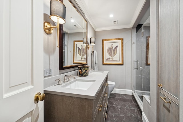 219 E Lake Shore Dr Unit 8C, Chicago, IL 60611 - full bathroom with double vanity, marble finish flooring, a shower stall, and ornamental molding