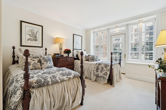 219 E Lake Shore Dr Unit 8C, Chicago, IL 60611 - bedroom with multiple windows, light carpet, crown molding, and access to outside