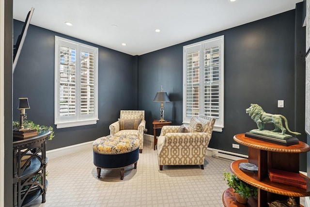 219 E Lake Shore Dr Unit 8C, Chicago, IL 60611 - living area with recessed lighting, carpet, and a baseboard heating unit