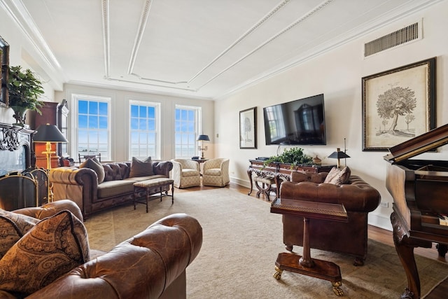 219 E Lake Shore Dr Unit 8C, Chicago, IL 60611 - living room featuring crown molding, wood finished floors, and a tray ceiling
