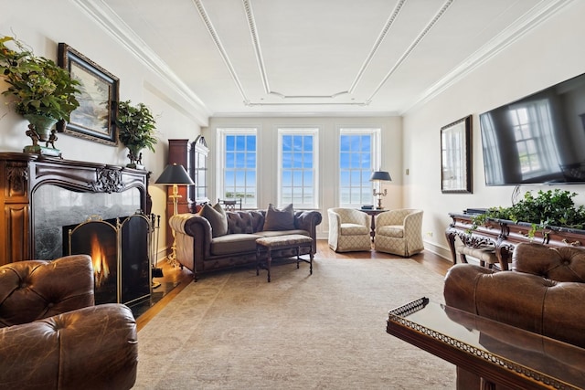 219 E Lake Shore Dr Unit 8C, Chicago, IL 60611 - living area with a high end fireplace, wood finished floors, and ornamental molding