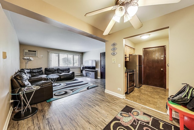 5113 N E River Rd Unit 1M, Chicago, IL 60656 - living room featuring light wood finished floors, a ceiling fan, and an AC wall unit