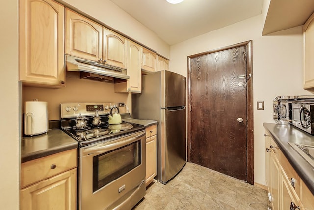 5113 N E River Rd Unit 1M, Chicago, IL 60656 - kitchen with stainless steel appliances, under cabinet range hood, light brown cabinetry, and dark countertops