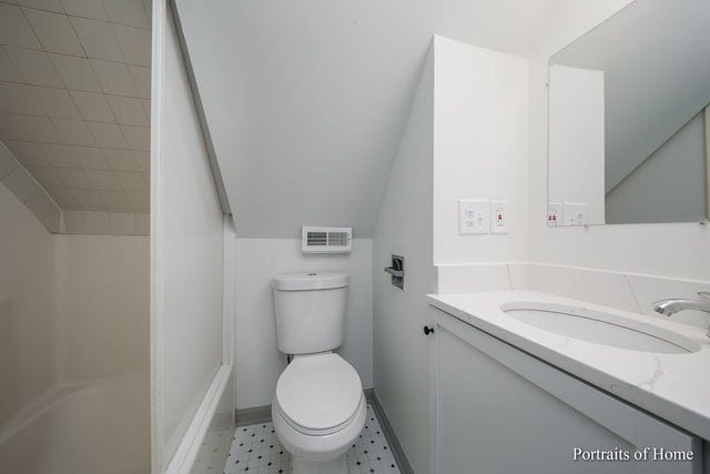 127 N W St, Wheaton, IL 60187 - full bath featuring vanity, a shower, tile patterned floors, lofted ceiling, and a bath