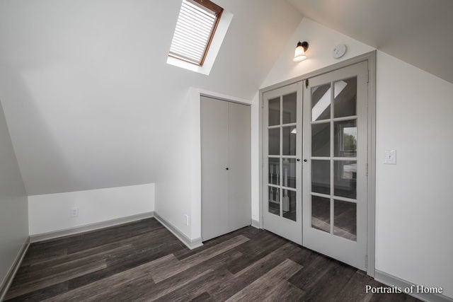 127 N W St, Wheaton, IL 60187 - unfurnished dining area featuring dark wood-style floors, vaulted ceiling, a skylight, and french doors