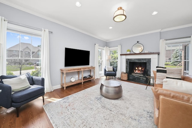 13616 S Erin Dr, Homer Glen, IL 60491 - living room featuring wood finished floors, ornamental molding, a high end fireplace, and recessed lighting