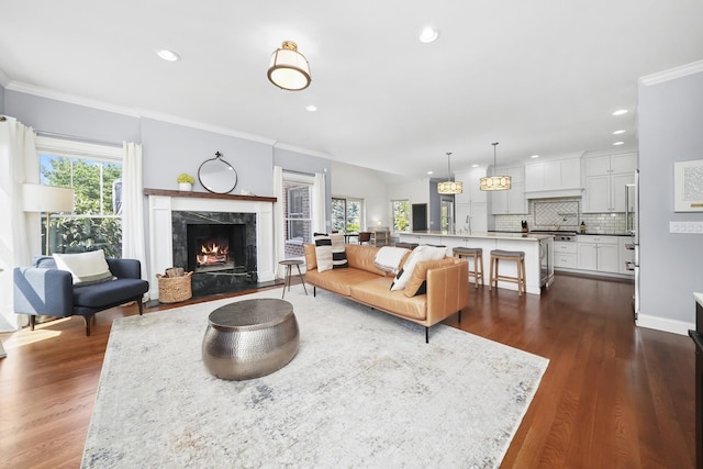 13616 S Erin Dr, Homer Glen, IL 60491 - living room with dark wood-type flooring, a premium fireplace, ornamental molding, and recessed lighting