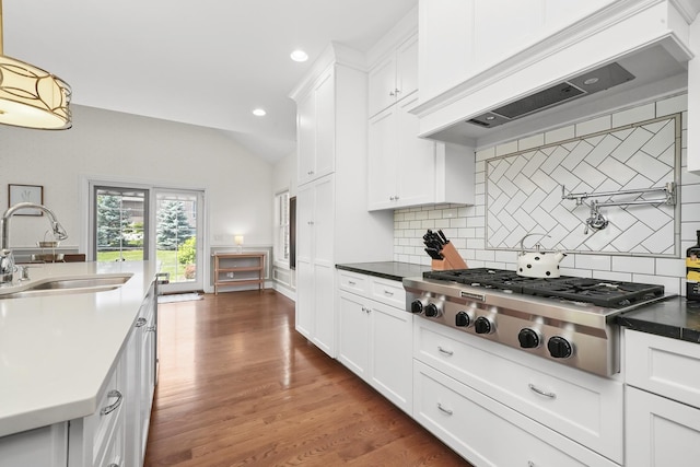 13616 S Erin Dr, Homer Glen, IL 60491 - kitchen with stainless steel gas stovetop, custom range hood, backsplash, white cabinetry, and dark wood-style floors