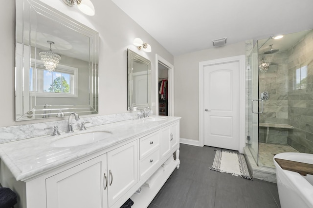 13616 S Erin Dr, Homer Glen, IL 60491 - full bath featuring a stall shower, double vanity, and a chandelier
