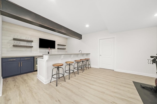 13616 S Erin Dr, Homer Glen, IL 60491 - kitchen with open shelves, a breakfast bar, light wood-type flooring, beverage cooler, and recessed lighting