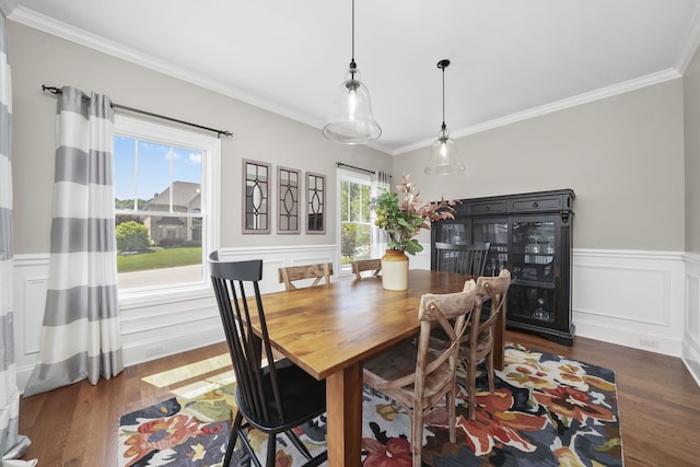 13616 S Erin Dr, Homer Glen, IL 60491 - dining room featuring crown molding, wainscoting, and dark wood-style floors
