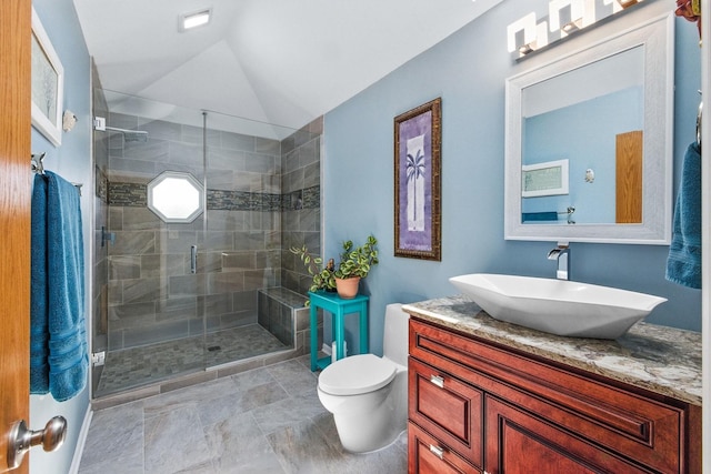 14N924 White Pines Ln, Hampshire, IL 60140 - full bath with vanity, a stall shower, and vaulted ceiling