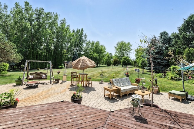 14N924 White Pines Ln, Hampshire, IL 60140 - wooden deck with a yard, a patio area, and view of scattered trees