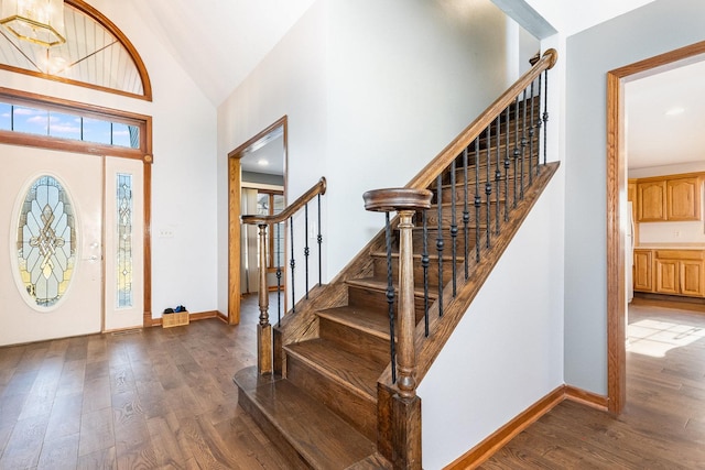 17707 W 113th Hwy, Custer Park, IL 60481 - foyer entrance featuring wood finished floors, stairway, and high vaulted ceiling