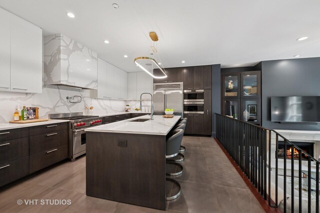 417 E N Water St, Chicago, IL 60611 - kitchen with high end appliances, modern cabinets, dark brown cabinetry, white cabinetry, and light countertops