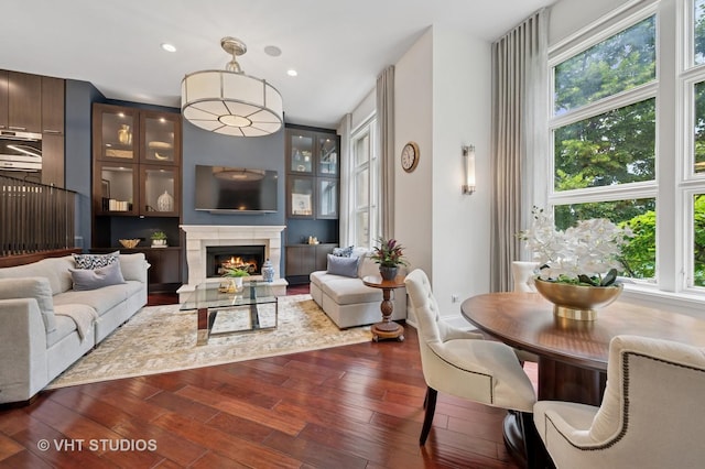 417 E N Water St, Chicago, IL 60611 - living area with plenty of natural light, dark wood-type flooring, a warm lit fireplace, and recessed lighting