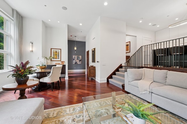 417 E N Water St, Chicago, IL 60611 - living area featuring hardwood / wood-style floors, healthy amount of natural light, stairs, a towering ceiling, and recessed lighting