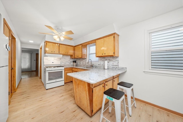 2317 W 50th St, Chicago, IL 60609 - kitchen featuring white gas range oven, a peninsula, under cabinet range hood, light wood finished floors, and decorative backsplash