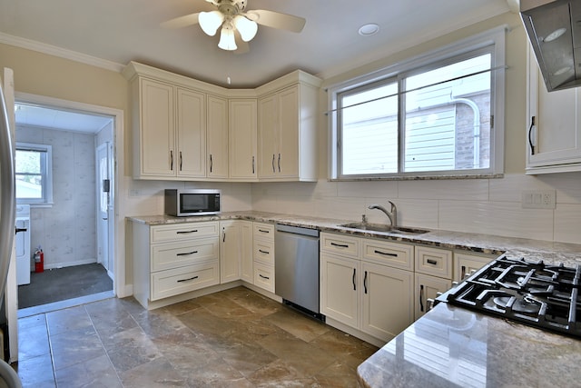 7851 W Cressett Dr, Elmwood Park, IL 60707 - kitchen with appliances with stainless steel finishes, a ceiling fan, light stone counters, extractor fan, and crown molding