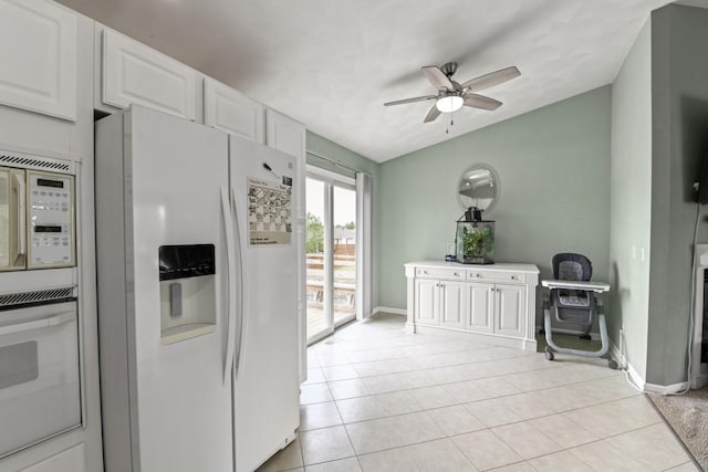 6072 Nimtz Ct, Loves Park, IL 61111 - kitchen with white appliances, a ceiling fan, white cabinetry, and light tile patterned floors