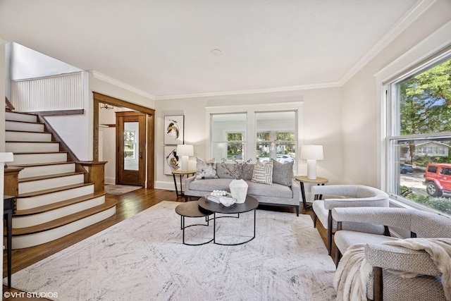 4628 Grand Ave, Western Springs, IL 60558 - living room featuring stairs, ornamental molding, and wood finished floors