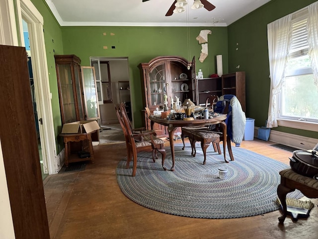 7005 34th St, Berwyn, IL 60402 - office area with wood finished floors, a ceiling fan, and ornamental molding