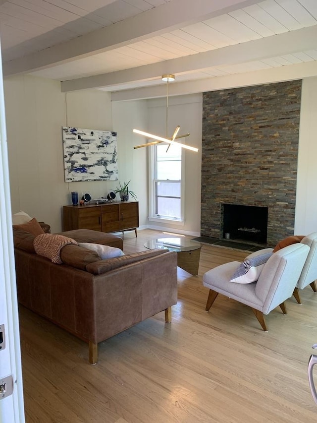 743 Dundee Ave, Barrington, IL 60010 - living area with light wood-style floors, a fireplace, and a wood ceiling with exposed beams