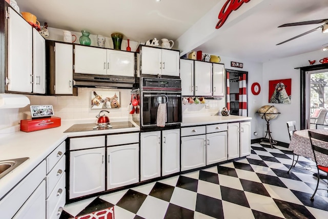 810 Woodhollow Ln, Buffalo Grove, IL 60089 - kitchen with black appliances, dark floors, a ceiling fan, decorative backsplash, and light countertops