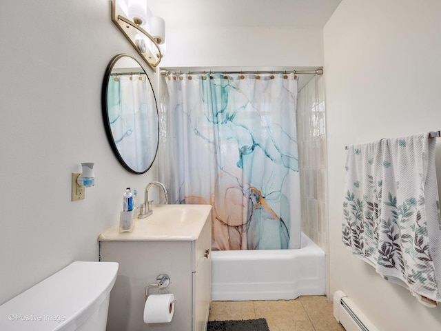 6737 W Lloyd Dr, Worth, IL 60482 - full bathroom with a baseboard radiator, vanity, shower / bath combo, and tile patterned floors