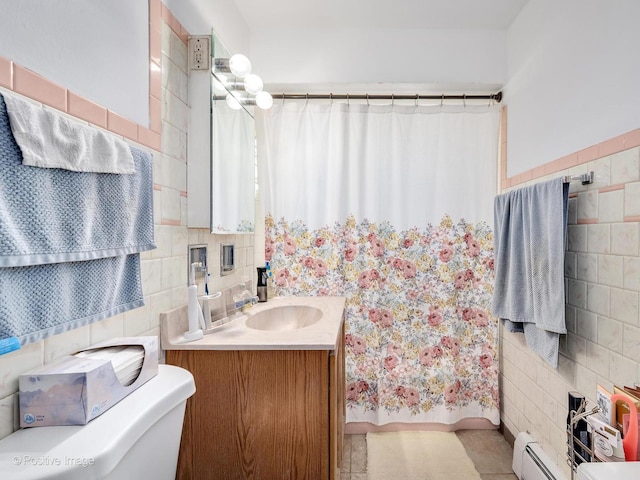 6737 W Lloyd Dr, Worth, IL 60482 - bathroom featuring tile walls, vanity, curtained shower, and tile patterned floors