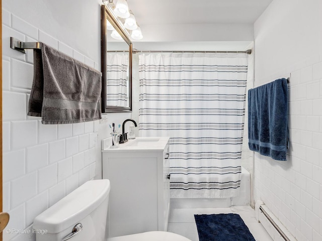 6737 W Lloyd Dr, Worth, IL 60482 - bathroom featuring baseboard heating, vanity, tile walls, and shower / tub combo