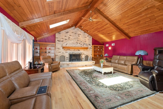 24029 S Plum Valley Dr, Crete, IL 60417 - living area with hardwood / wood-style floors, a brick fireplace, wooden ceiling, a skylight, and ceiling fan