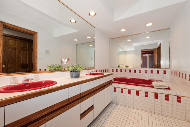 24029 S Plum Valley Dr, Crete, IL 60417 - bathroom with tile patterned floors, double vanity, recessed lighting, and a bath