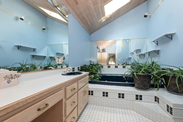 24029 S Plum Valley Dr, Crete, IL 60417 - bathroom with lofted ceiling, vanity, and tile patterned floors