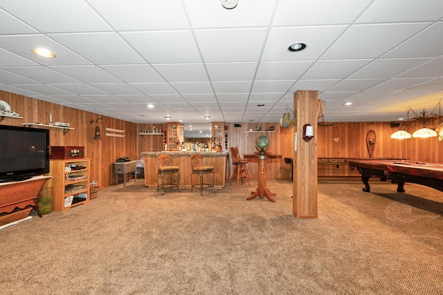 24029 S Plum Valley Dr, Crete, IL 60417 - game room with carpet, a dry bar, wood walls, pool table, and recessed lighting