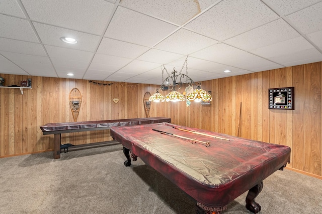 24029 S Plum Valley Dr, Crete, IL 60417 - game room featuring carpet floors, pool table, wooden walls, a paneled ceiling, and recessed lighting