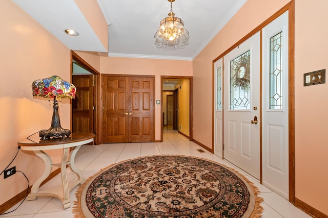 24029 S Plum Valley Dr, Crete, IL 60417 - entrance foyer with a chandelier, light tile patterned flooring, and crown molding