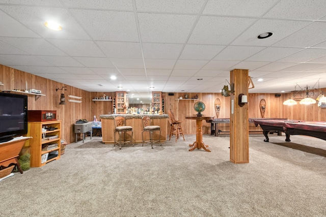 24029 S Plum Valley Dr, Crete, IL 60417 - recreation room with carpet floors, a bar, billiards, wood walls, and recessed lighting